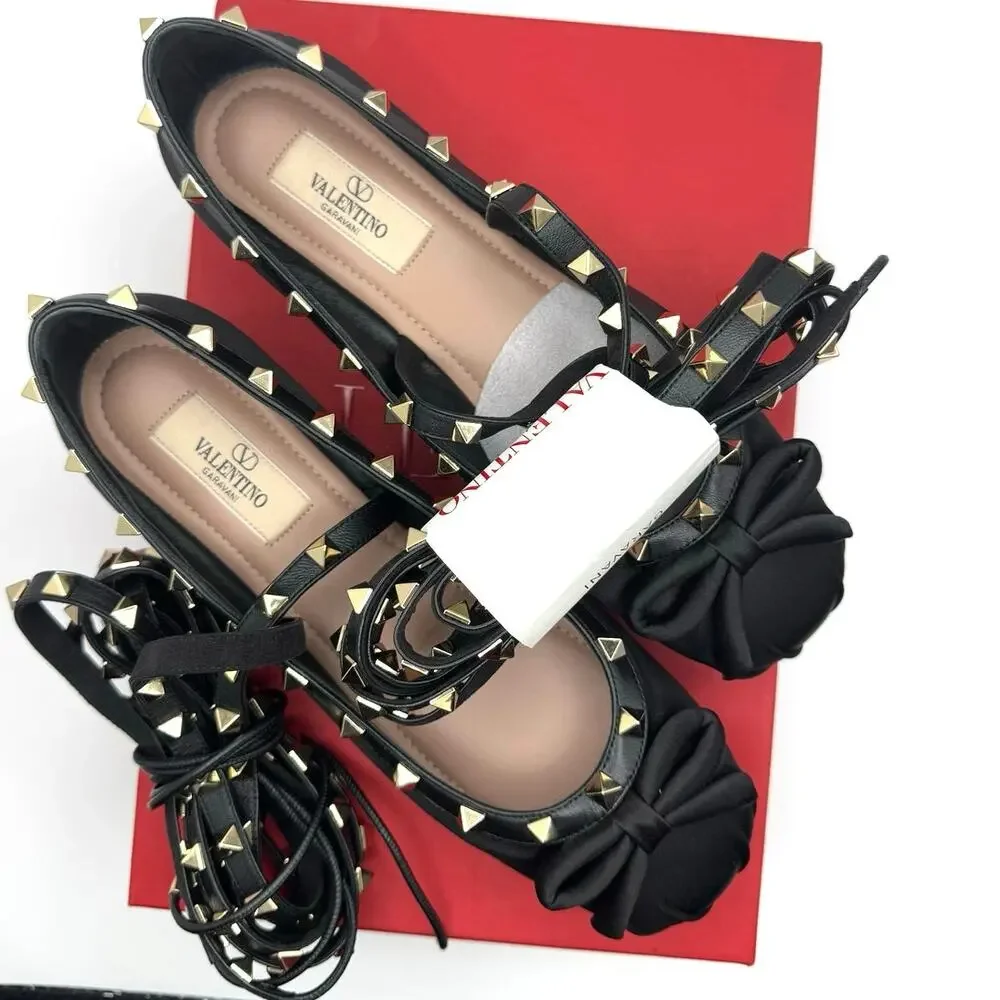 Valentino Garavani Black Gold Rockstud Ballerina Flats EU 38.5